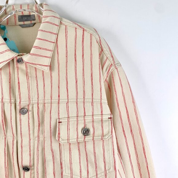 DIOR Mens Cream & Red Striped Cotton Denim Jacket Made In Italy Size 52 - Picture 6 of 7